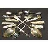 TWO GEORGE III SILVER OLD ENGLISH PATTERN TABLESPOONS, engraved initials, maker Thomas Wallis II,