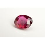 A MIX CUT CUSHION RUBY, measuring approximately 9.6mm x 8.2mm, weighing 3.39ct, vibrant colour