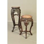TWO LATE 19TH CENTURY CHINESE STAINED HARDWOOD JARDINIERE STANDS WITH MARBLE INSET TOPS, the