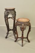 TWO LATE 19TH CENTURY CHINESE STAINED HARDWOOD JARDINIERE STANDS WITH MARBLE INSET TOPS, the