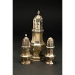 A GEORGE V SILVER SUGAR CASTER, of octagonal baluster form, the pull off cover with panelled