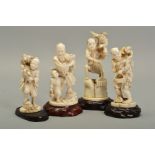 FOUR JAPANESE MEIJI PERIOD IVORY OKIMONOS, comprising a figure of a man with a monkey on his