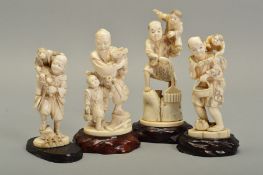 FOUR JAPANESE MEIJI PERIOD IVORY OKIMONOS, comprising a figure of a man with a monkey on his
