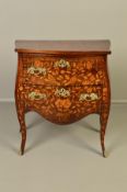 A 19TH CENTURY DUTCH FLORAL MARQUETRY DWARF BOMBE COMMODE, two deep drawers, on slender cabriole