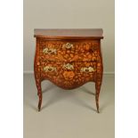 A 19TH CENTURY DUTCH FLORAL MARQUETRY DWARF BOMBE COMMODE, two deep drawers, on slender cabriole