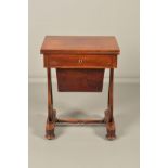 AN EARLY VICTORIAN MAHOGANY WORK TABLE, the rectangular swivel action fold over top above a single