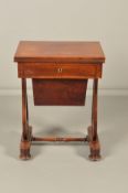 AN EARLY VICTORIAN MAHOGANY WORK TABLE, the rectangular swivel action fold over top above a single