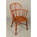 A 19TH CENTURY YEW WOOD AND ELM WINDSOR CHAIR, the hoop back with pierced vase shaped splat