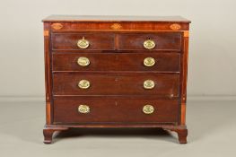 A GEORGE III MAHOGANY AND INLAID CHEST OF TWO SHORT AND THREE GRADUATED LONG DRAWERS, rectangular