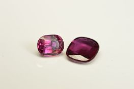 TWO CUSHION CUT RUBIES, one measuring 4.9mm x 3.8mm, weighing 0.56ct, second measuring approximately