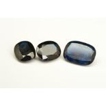 THREE VERY DEEP BLUE SAPPHIRES, two cushion cut, measuring approximately 7.9mm x 10.01mm, combined