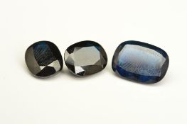 THREE VERY DEEP BLUE SAPPHIRES, two cushion cut, measuring approximately 7.9mm x 10.01mm, combined