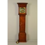 A GEORGE III OAK LONGCASE CLOCK, moulded pediment above the hood door flanked by half doric columns,