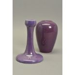 A RUSKIN POTTERY CANDLESTICK, decorated in a lavender lustre glaze, impressed 'RUSKIN ENGLAND