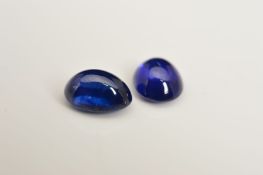 TWO OVAL CABOCHON SAPPHIRES, deep blue in colour, one measuring approximately 7mm x 5mm, second