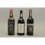 THREE BOTTLES OF VINTAGE PORT, comprising a Calem Porto from the classic 1977 vintage, a Kopke
