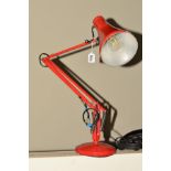 HERBERT TERRY FOR ANGLE POISE, a red desk lamp (condition: dents to metal work, various paint