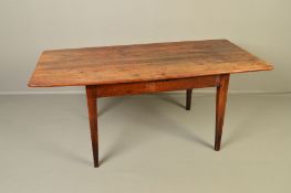 AN EARLY 19TH CENTURY FRENCH RECTANGULAR FRUITWOOD DINING TABLE, the top formed of six planks with