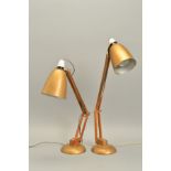 A PAIR OF TERRANCE CONRAN 1950'S MAC DESK LAMPS, having conical shade, teak arm and domed base (