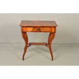 A 19TH CENTURY BIDERMEIER MAHOGANY AND SATINWOOD BANDED SIDE TABLE, the shaped rectangular top above