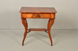 A 19TH CENTURY BIDERMEIER MAHOGANY AND SATINWOOD BANDED SIDE TABLE, the shaped rectangular top above