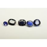 FIVE BLUE SAPPHIRES, of mixed hues, two round mix cut approximately 5.5mm x 6.3mm, one oval mix