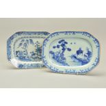 TWO CHINESE EXPORT PORCELAIN BLUE AND WHITE DECORATED MEAT DISHES, of octagonal form, one