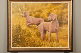 JOHN SILVER (BRITISH CONTEMPORARY), 'Weimaraners', two dogs beside a stream, signed and dated 2003