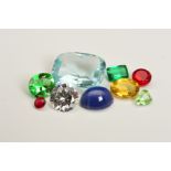 A LARGE COLLECTION OF SYNTHETIC, COMPOSITE AND PASTE STONES, to include sapphire, ruby, GTD's,