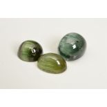 THREE CHATOYANT CABOCHON TOURMALINES, two green, one bluish-green, combined weight 16.88ct