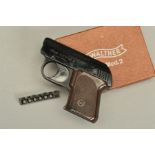 A GERMAN MADE .22'' WALTHER UP MODEL 2 VERTICALLY VENTING BLANK STARTING PISTOL, complete with