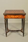 AN EARLY 20TH CENTURY FRENCH MARQUETY, ROSEWOOD AND KINGSWOOD FOLD OVER CARD TABLE, of rectangular
