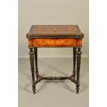 AN EARLY 20TH CENTURY FRENCH MARQUETY, ROSEWOOD AND KINGSWOOD FOLD OVER CARD TABLE, of rectangular