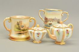 A ROYAL WORCESTER LOVING CUP, painted with a scene of Worcester Bridge from the River, the cathedral