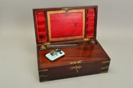 AN EARLY 19TH CENTURY MAHOGANY WRITING SLOPE, with brass banding and inlay, the hinged lid fitted