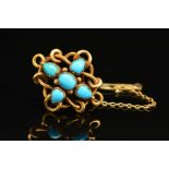 A LATE VICTORIAN GOLD TURQUOISE BROOCH, four turquoise stones oval and pear shape cabochons,