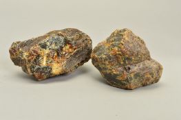 TWO DOMINICAN REPUBLIC ROUGH AMBER BOULDERS, unpolished lengths approximately 120mm and 140mm, total