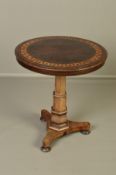 A WILLIAM IV YEW WOOD AND INLAID CIRCULAR OCCASIONAL TABLE, the circular snap top with geometric