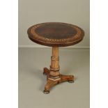 A WILLIAM IV YEW WOOD AND INLAID CIRCULAR OCCASIONAL TABLE, the circular snap top with geometric