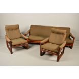 GUY ROGERS, a 1960's Virginia three piece lounge suite, earth colour draylon upholstery,