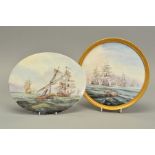 A STEFAN NOWACKI OVAL PORCELAIN PLAQUE, painted with a maritime battle scene, the ship in the