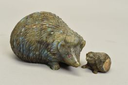 A SET OF CARVED LABRADORITE ORNAMENTS DESIGNED AS HEDGEHOGS, excellent iridescence present with