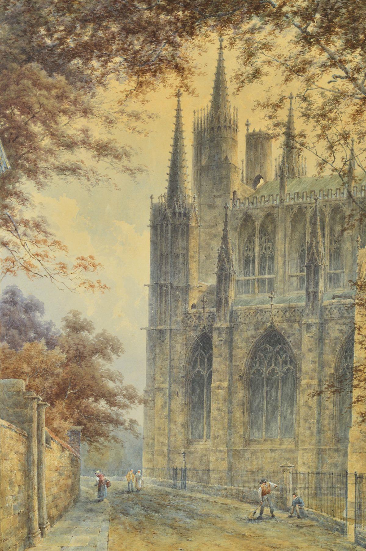 THOMAS DUDLEY (BRITISH FL.1879-1910), 'YORK MINSTER. THE EAST END', with boy seated on a wall by - Image 2 of 5