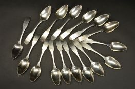 A SET OF SIXTEEN GEORGE III SILVER FIDDLE PATTERN DESSERT SPOONS, engraved initials, maker Samuel