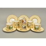 A SET OF SIX J. MCLAUGHLIN PORCELAIN CABINET COFFEE CUPS AND SAUCERS, pale yellow and gilt ground,