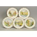 A SET OF FIVE ROYAL CROWN DERBY CABINET PLATES PAINTED WITH TITLED SCENES IN THE PEAK DISTRICT BY