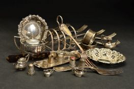 A PARCEL OF SILVER, to include an Elizabeth II miniature four piece teaset on a tray, maker Peter
