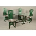 A MACKINTOSH STYLE MID 20TH CENTURY METAL DINING TABLE, of a cubed form, green ground, shaped