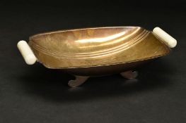 A GEORGE VI SILVER RECTANGULAR TWIN HANDLED DISH, with white bakelite cylindrical handles, the