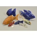 A SELECTION OF CARVED FISH ORNAMENTS, to include a medium sized carved sodalite fish, measuring